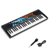 Kids piano keyboard with 49 keys, 8 rhythms, and included microphone for interactive music fun, perfect for travel.