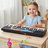 Kids piano keyboard with 49 keys, 8 rhythms, and microphone, designed for safe, portable musical fun.