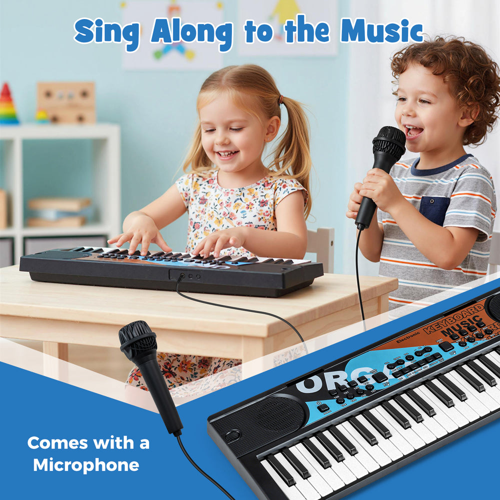 Kids playing with a 49-key portable electric keyboard piano, featuring a microphone for interactive singing fun.