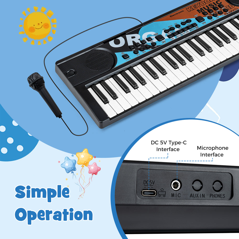 Kids piano keyboard with 49 keys, microphone, and Type-C interface, designed for safe, portable musical fun.