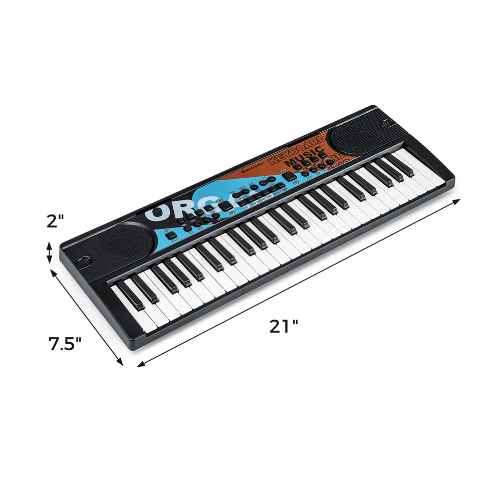 Portable 49-key kids piano keyboard in black, featuring 8 rhythms, 8 tones, and a microphone for interactive fun.