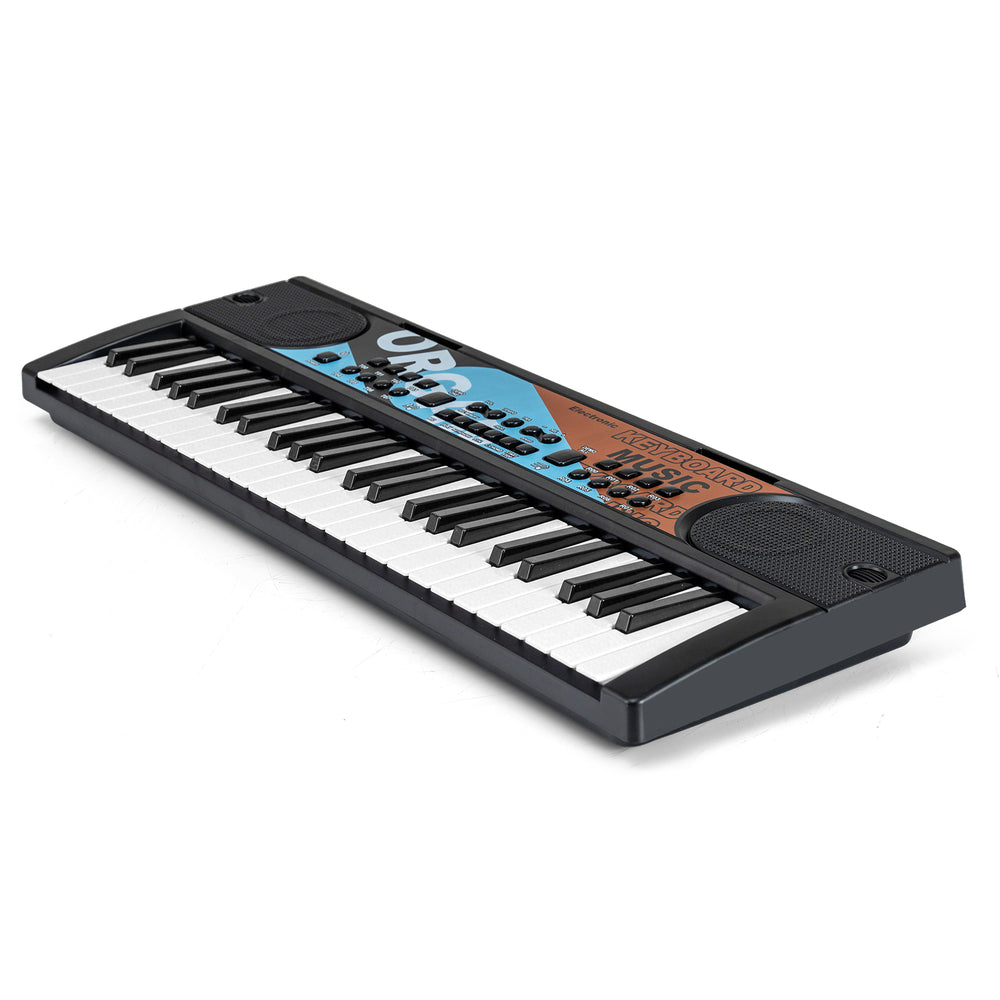 Kids piano keyboard with 49 keys, 8 rhythms, and 8 tones, designed for safe, portable musical fun.