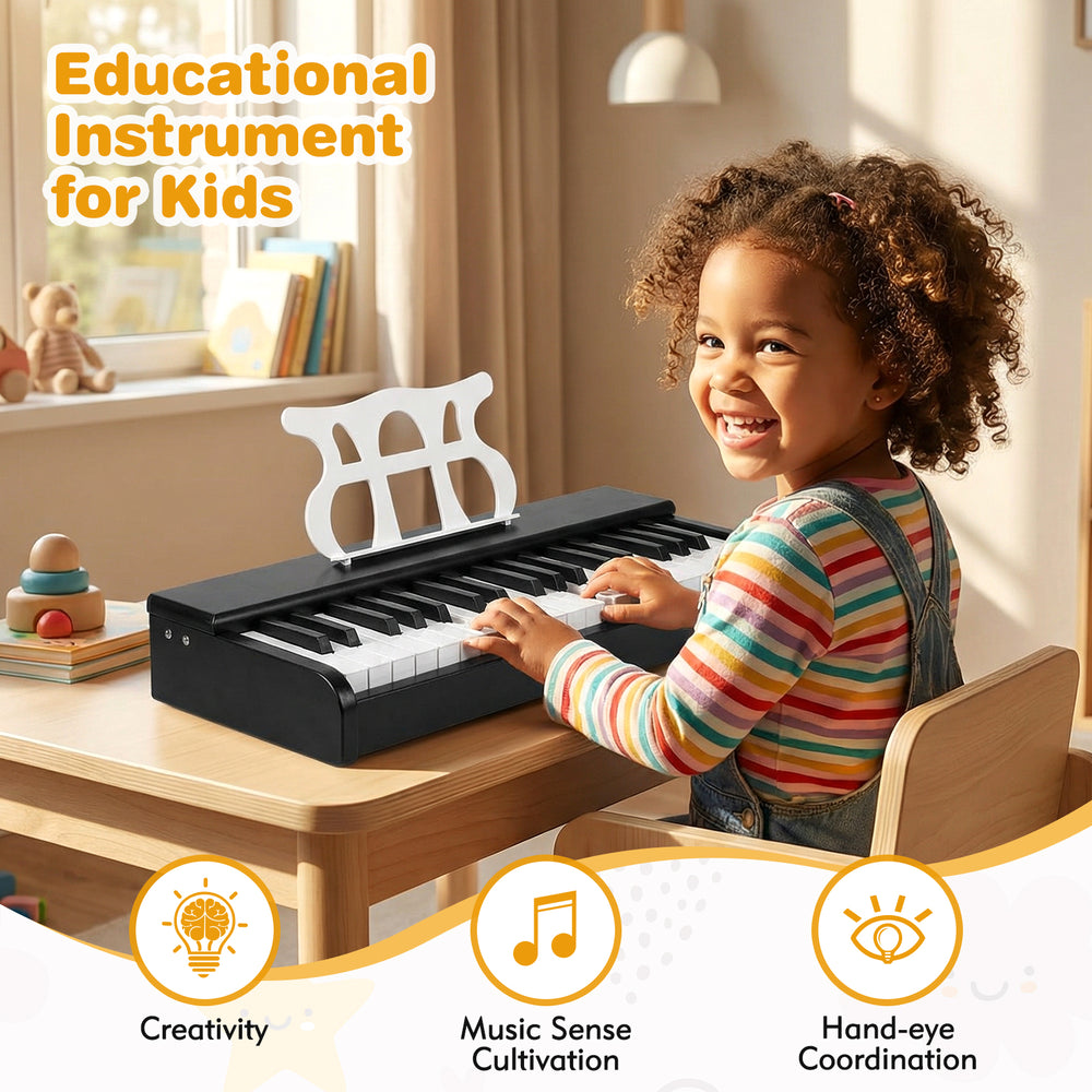 Kids piano keyboard with 30 keys, music stand, and rounded corners, designed for beginners aged 3+, promoting.