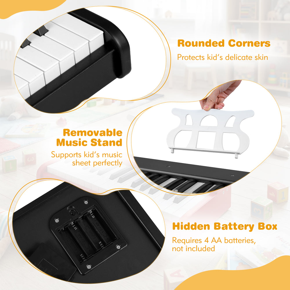 Close-up of the Kids Piano Keyboard with removable music stand, rounded corners, and hidden battery box for safety.