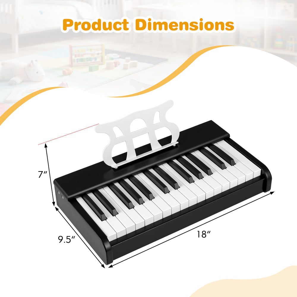 Kids piano keyboard with 30 keys, black finish, dimensions 18"x9.5"x7", designed for young beginners' musical.