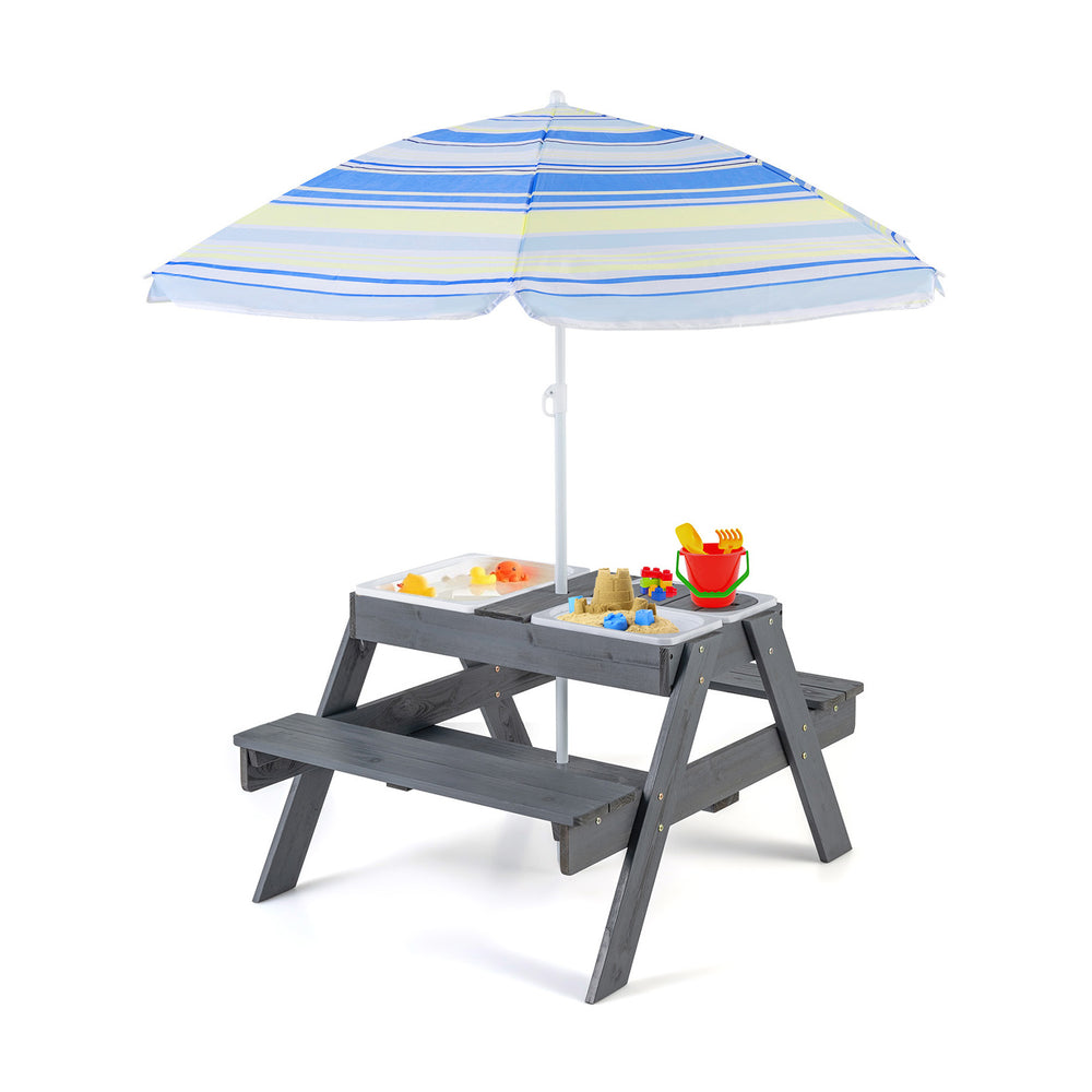 Kids picnic table set in gray with removable bins and adjustable umbrella, perfect for outdoor play and activities.