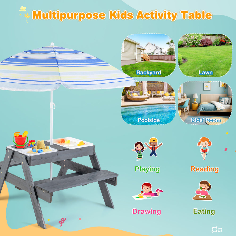 Gray kids picnic table set with removable bins and a sturdy umbrella, ideal for drawing and eating outdoors.
