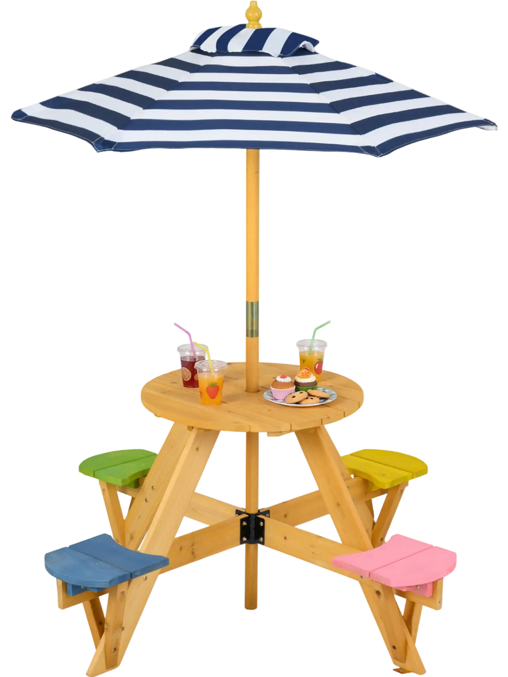 Kids picnic table set with stools and adjustable blue umbrella, perfect for outdoor play and gatherings.