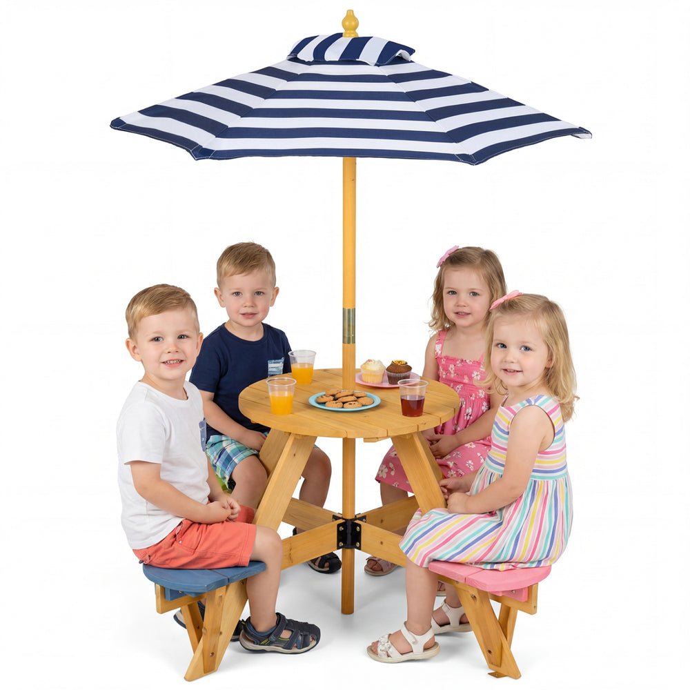 Children enjoying snacks at a kids picnic table set with a foldable blue umbrella, ideal for outdoor play and.