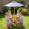Kids picnic table set with stools and adjustable umbrella, perfect for outdoor play and gatherings in the backyard.