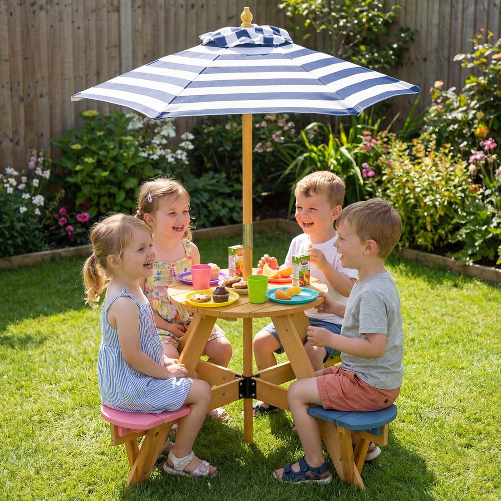 Kids picnic table set with stools and adjustable umbrella, perfect for outdoor play and gatherings in the backyard.