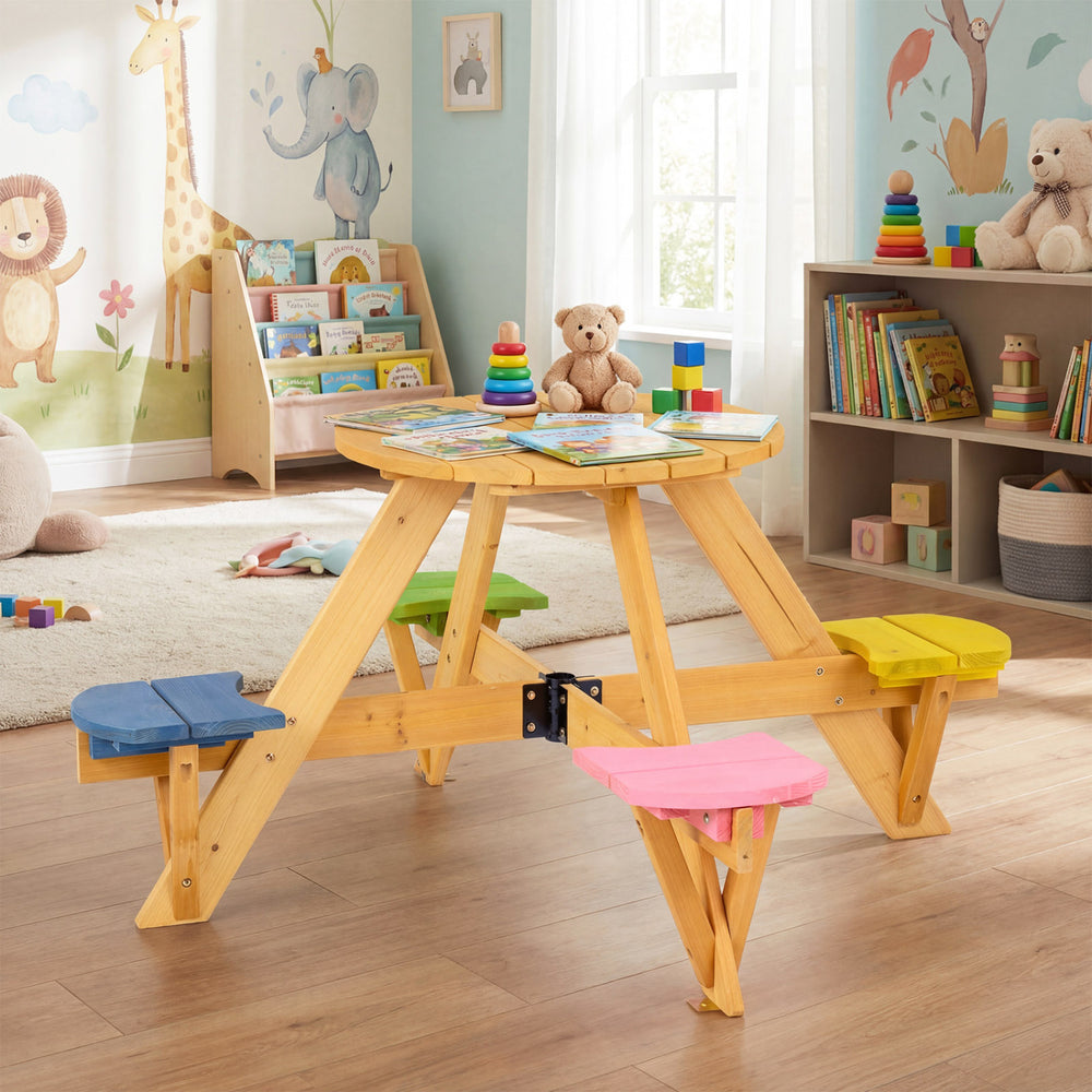 Kids picnic table with stools, made of durable wood, featuring a foldable adjustable umbrella for outdoor fun.