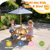 Kids picnic table and stool set with adjustable umbrella, made of durable wood, perfect for outdoor play and crafts.