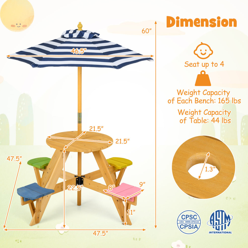 Kids picnic table with stools and adjustable blue umbrella, seating up to 4, made of durable wood for outdoor fun.