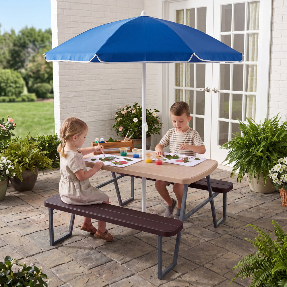 Kids picnic table with brown benches and a blue umbrella, perfect for outdoor crafts and play, seats up to 4.