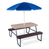 Kids picnic table with brown seats and a blue foldable umbrella, perfect for indoor or outdoor play and activities.