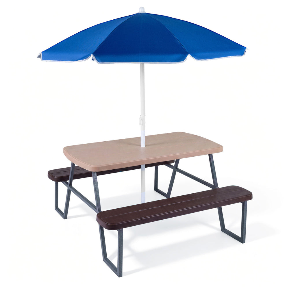 Kids picnic table with brown seats and a blue foldable umbrella, perfect for indoor or outdoor play and activities.
