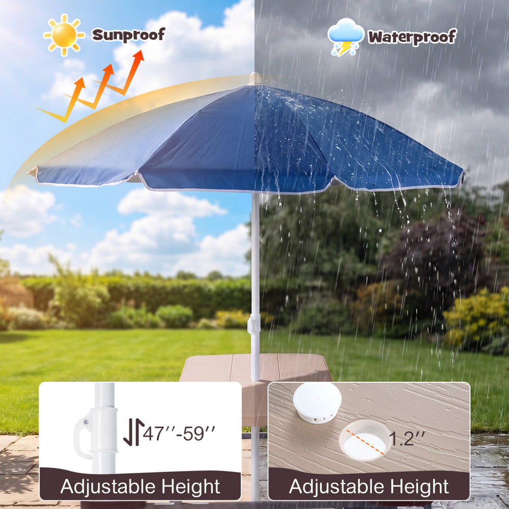 Height-adjustable umbrella in brown, foldable design for easy portability, ideal for kids' picnic table use.