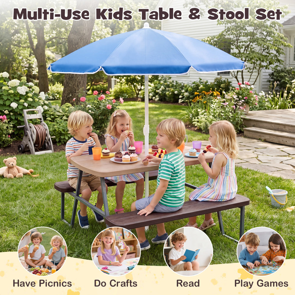 Kids picnic table with benches, brown, featuring a foldable umbrella, perfect for outdoor crafts and games.