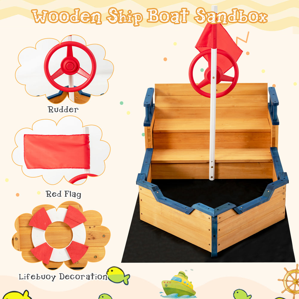Kids pirate boat wooden sandbox featuring a rudder, lifebuoy decoration, and hidden storage for outdoor play.
