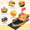 Kids pirate boat wooden sandbox with lifebuoy, rudder, and safety handrails for outdoor play and hidden storage.