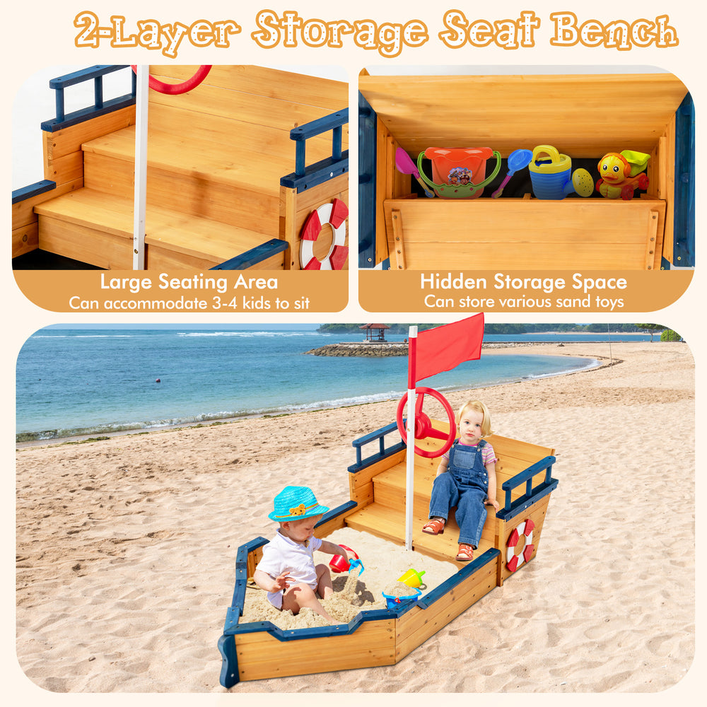 Kids pirate boat wooden sandbox with hidden storage, lifebuoy, and benches for outdoor play and toy organization.