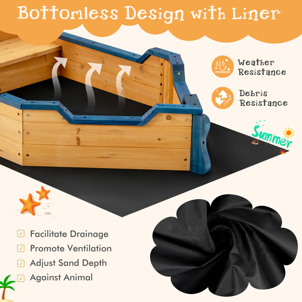Kids pirate boat wooden sandbox with bottomless design, fir wood frame, and hidden storage for outdoor play.