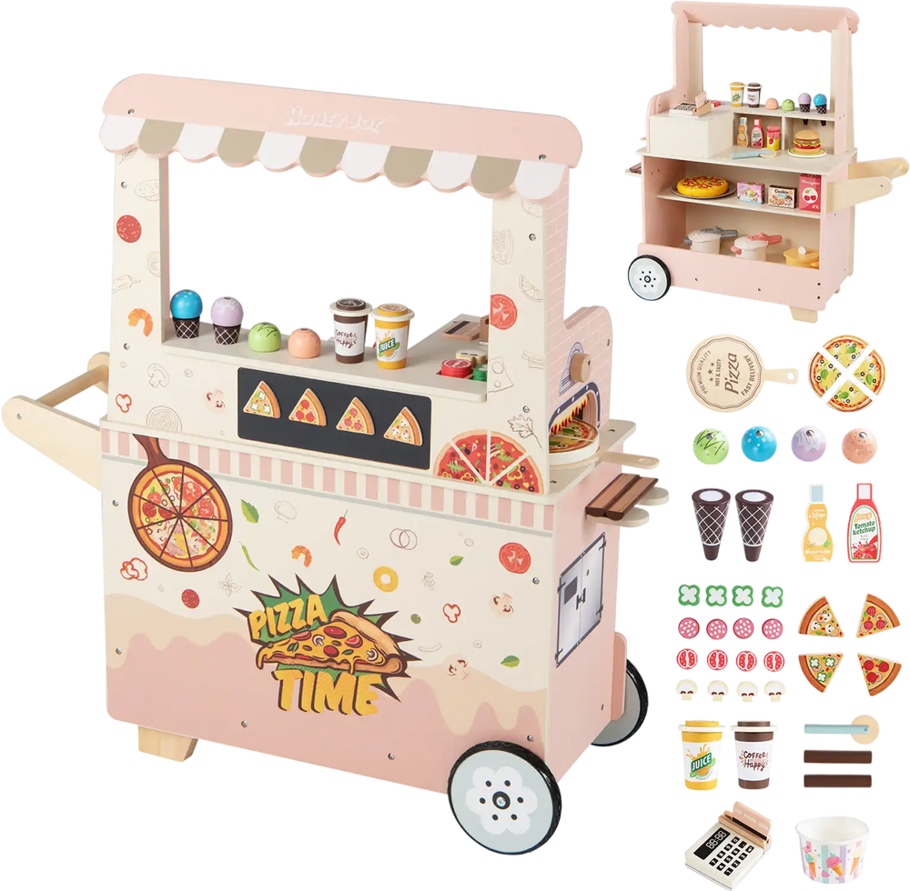 Kids pizza food truck wooden pretend play cart in pink with oven, 40 accessories, and interactive features for.