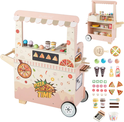 Costway Kids Wooden Pizza Food Truck Pretend Play Kitchen Snack Cart w/ Oven 91499435 New