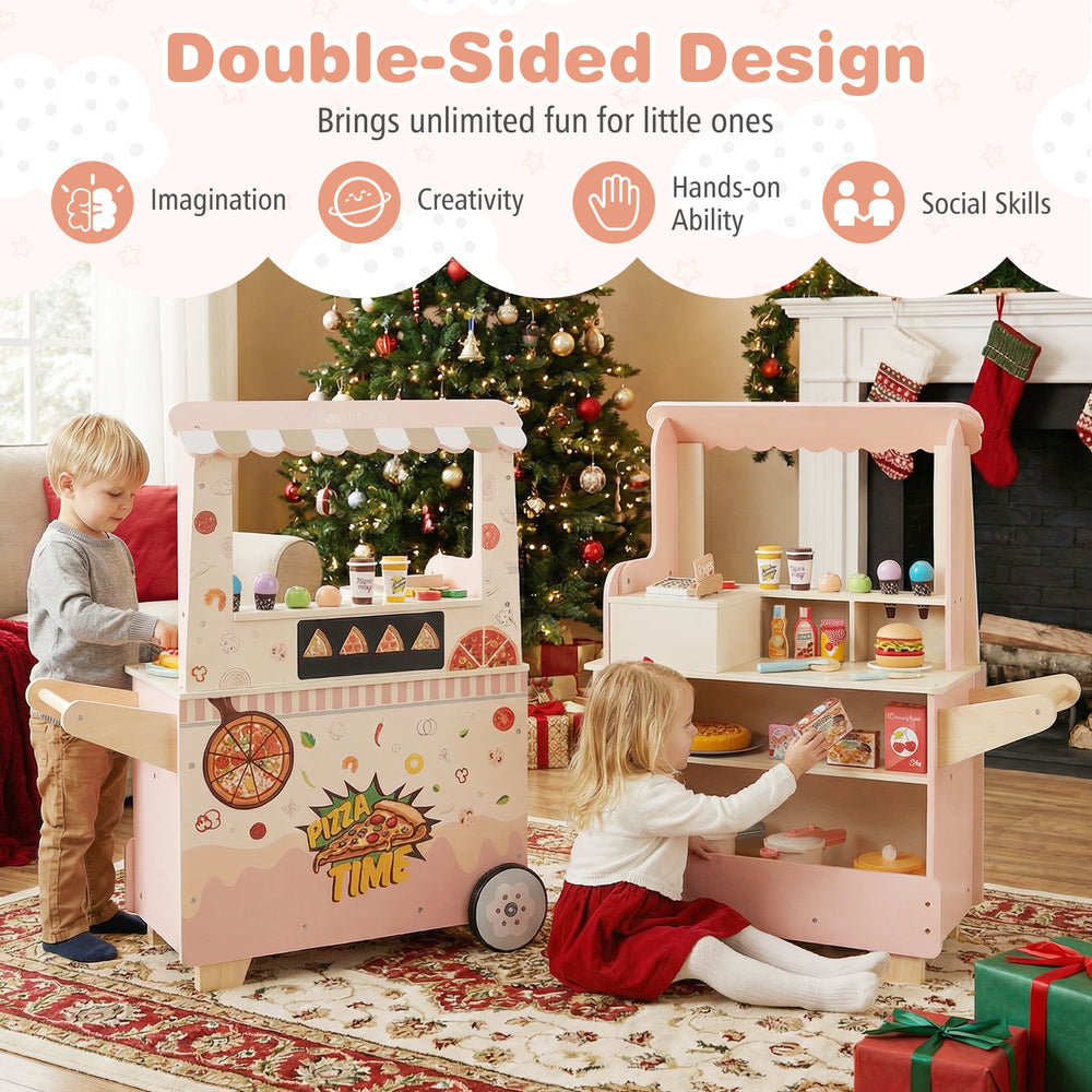 Kids pizza food truck wooden pretend play snack cart in pink with oven, featuring realistic tools and 40-piece.