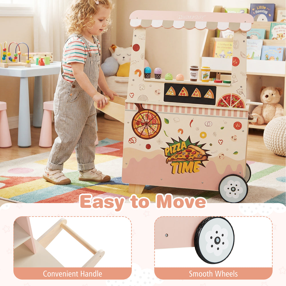 Kids pizza food truck wooden snack cart in pink with wheels, oven, and 40 accessories for imaginative play.
