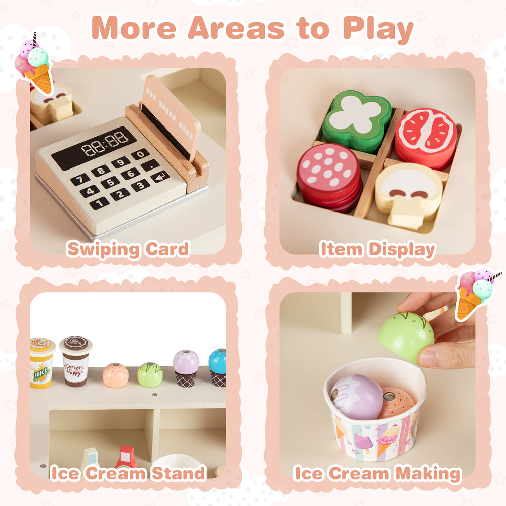 Kids pizza food truck wooden play cart with oven, featuring a POS machine and ice cream stand for imaginative role-play.