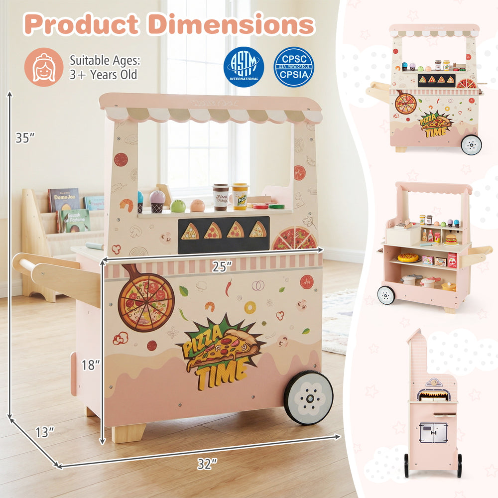 Kids pizza food truck wooden snack cart in pink with oven, includes 40 accessories for imaginative play and creativity.