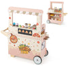 Kids pizza food truck wooden pretend play cart in pink with oven, includes 40 accessories for imaginative cooking fun.