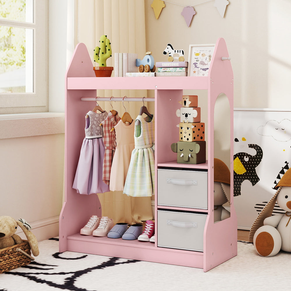 Kids play armoire dresser in pink with clothes hanger, storage bins, and full-length mirror for organizing children's.