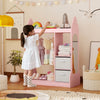 Kids play armoire dresser in pink with clothes hanger and removable fabric bins, ideal for organizing a child's room.