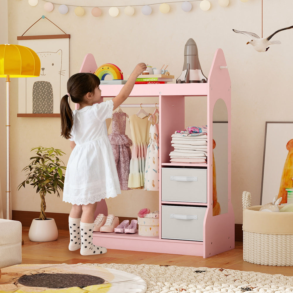 Kids play armoire dresser in pink with clothes hanger and removable fabric bins, ideal for organizing a child's room.
