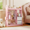 Kids play armoire dresser in pink showcasing removable fabric bins and a clothes hanger, perfect for a child's room.