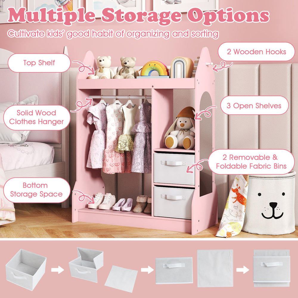 Kids Play Armoire Dresser in pink with clothes hanger, open shelves, and removable fabric bins for organized storage.
