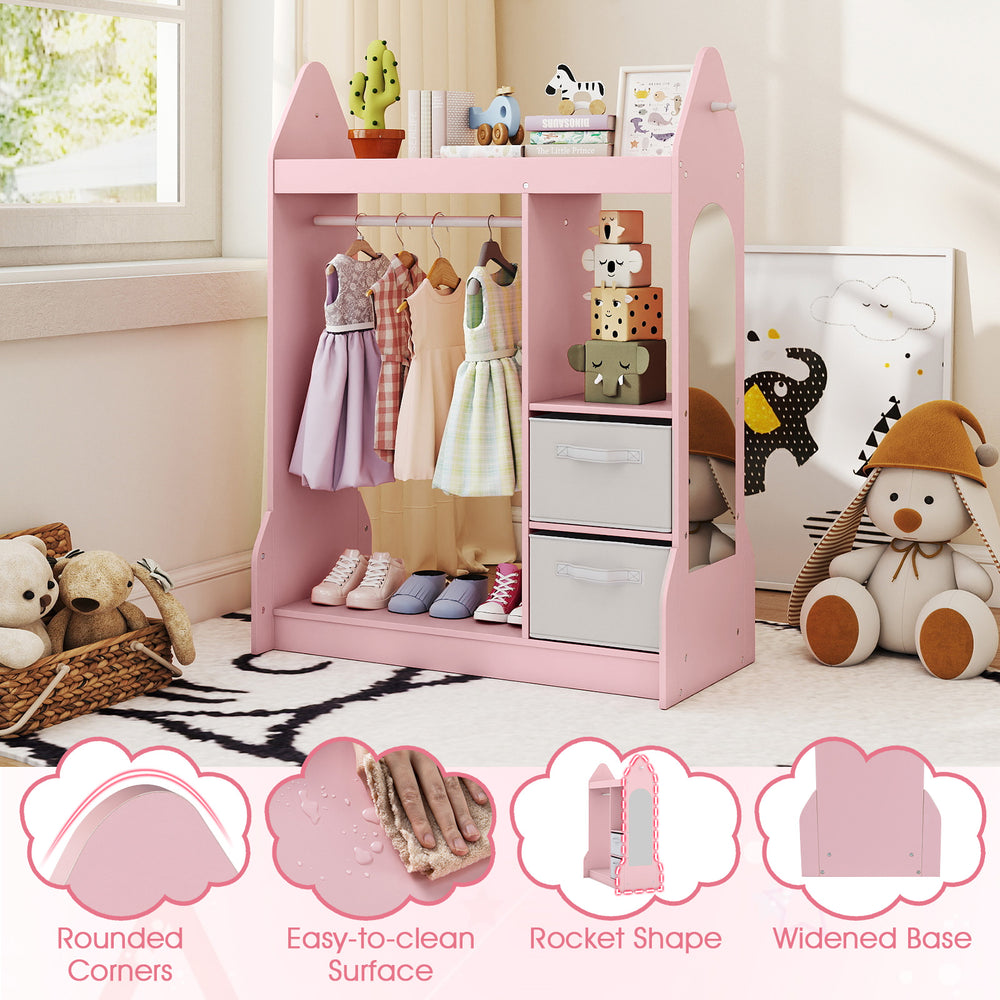 Kids play armoire dresser in pink with clothes hanger, full-length acrylic mirror, and rounded corners for safety.