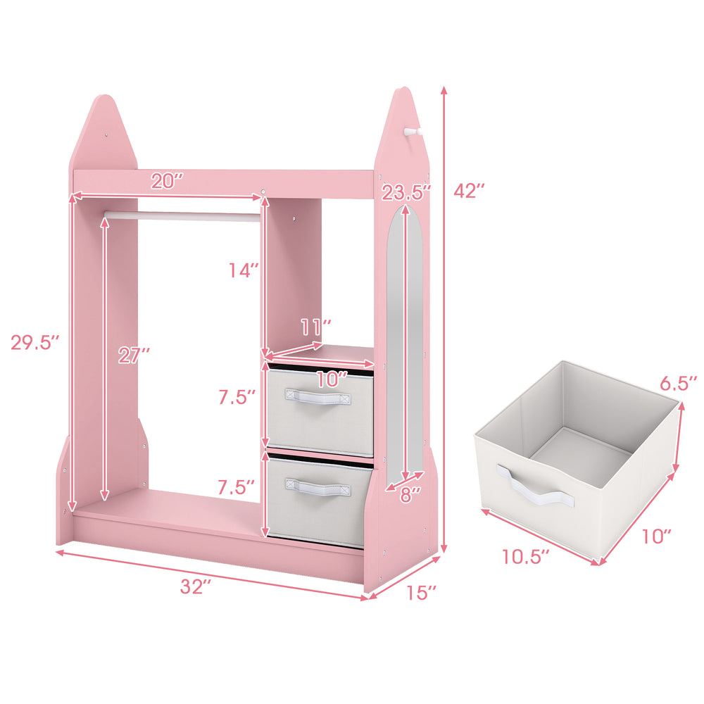 Kids play armoire dresser in pink with clothes hanger, removable bins, and full-length mirror for organized storage.