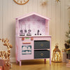 Kids play kitchen set in pink with 2 stoves, rotating knobs, and storage drawers for imaginative cooking fun.