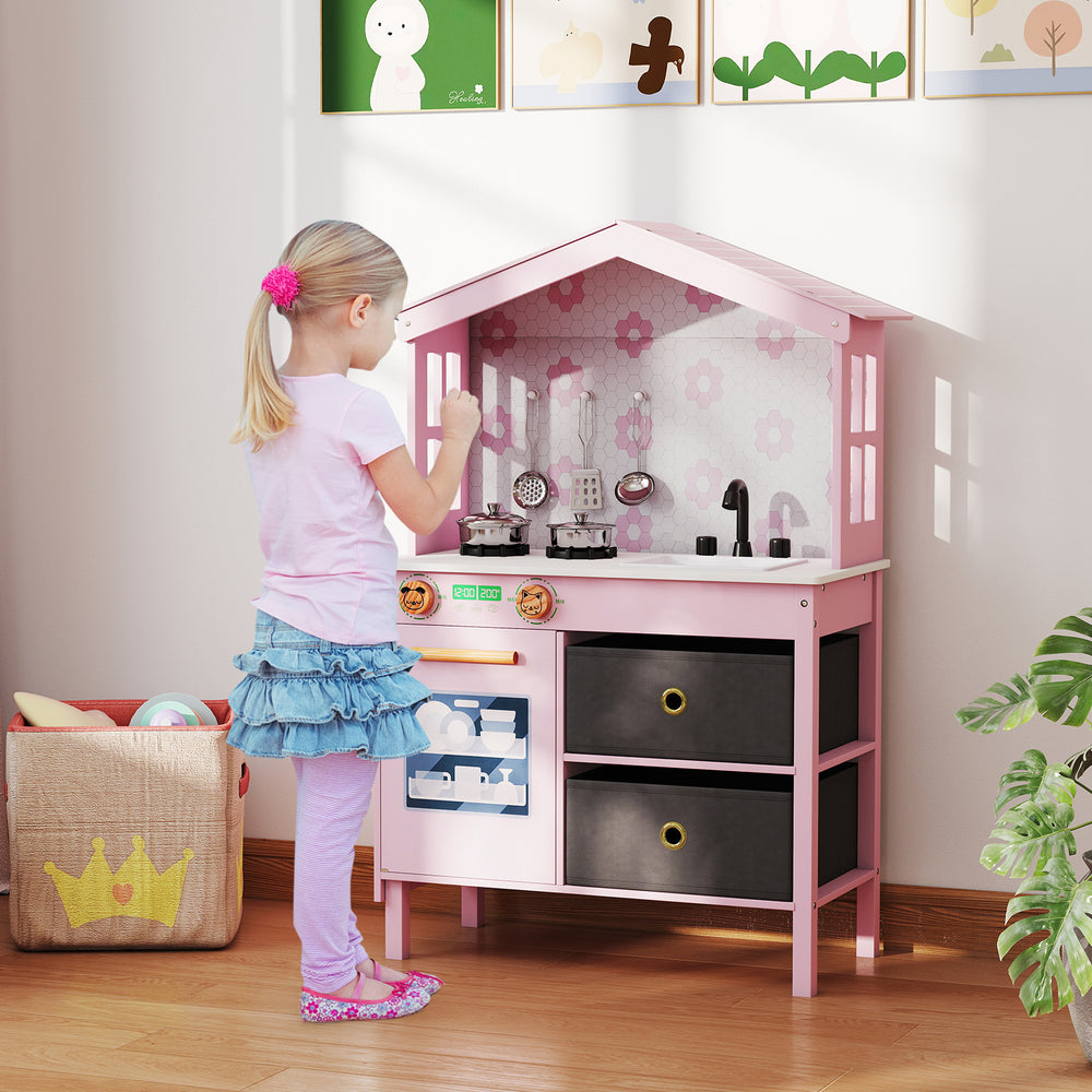 Kids play kitchen set in pink with 2 stoves, rotation knobs, and storage drawers for imaginative cooking fun.