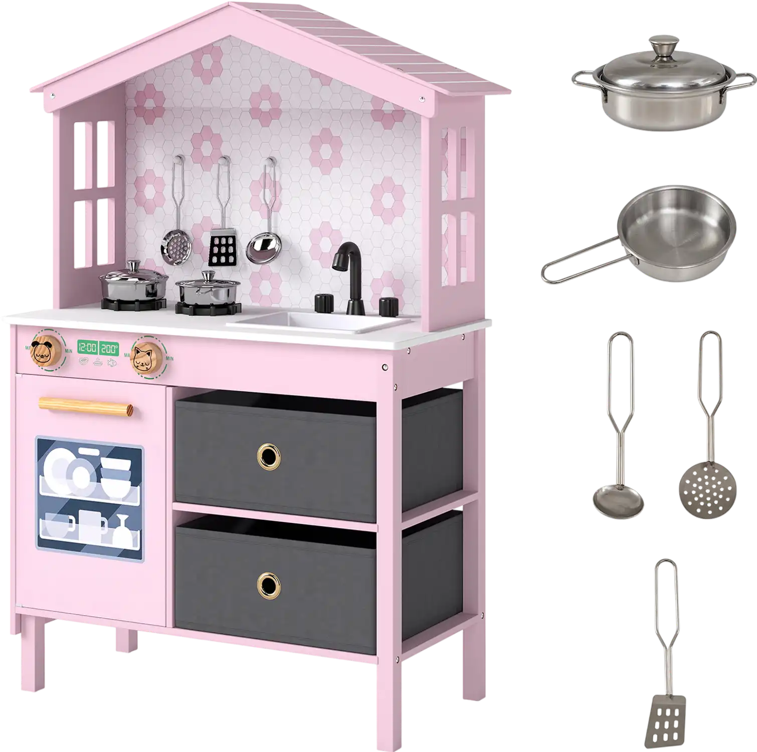 Costway Kids Play Kitchen Toy Playset 2 Stoves Rotation Knobs 16368463 New