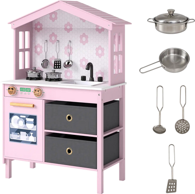 Costway Kids Play Kitchen Toy Playset 2 Stoves Rotation Knobs 16368463 New