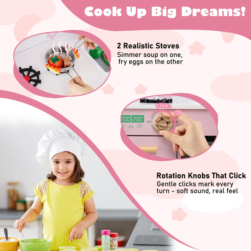 Kids play kitchen set featuring two realistic stoves, rotation knobs, and a charming design for imaginative cooking fun.