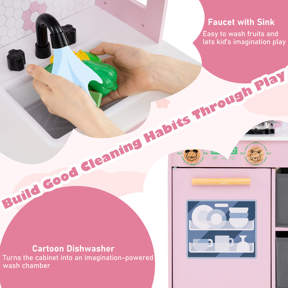 Kids play kitchen set featuring a pink sink with faucet for washing fruits, promoting imaginative play and cleaning.