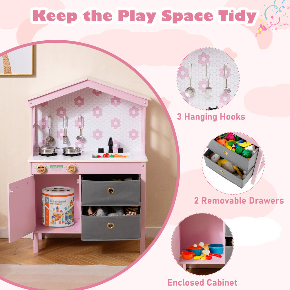 Kids play kitchen set in pink featuring 2 stoves, 3 hanging hooks, and 2 removable drawers for organized play.