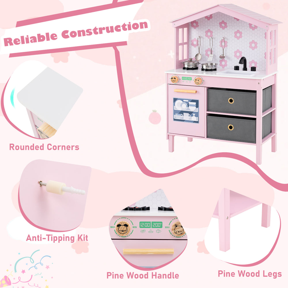 Kids play kitchen set in pink with rounded corners, pine wood legs, and two stoves for imaginative cooking fun.