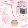 Kids play kitchen set in pink with rounded corners, pine wood legs, and two stoves for imaginative cooking fun.